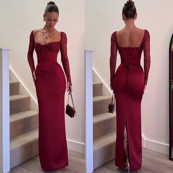 House of CB Dresses & Skirts - House of CB PERDI Berry Satin Maxi Dress With Corset M PLUS CUP